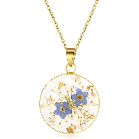 Forget-Me-Not & Queen Anne's Lace Wildflower Necklace - Birth Month Pressed Flow